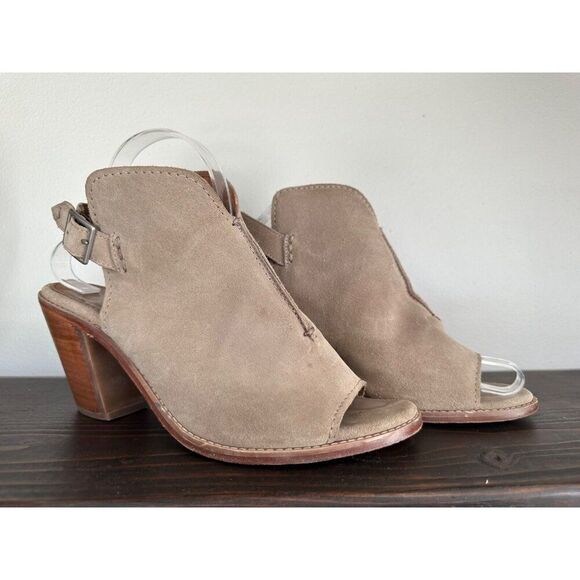 Frye Courtney Ash Tan Suede Heels Open Toe Sandals Women Sz 10 - Picture 1 of 8